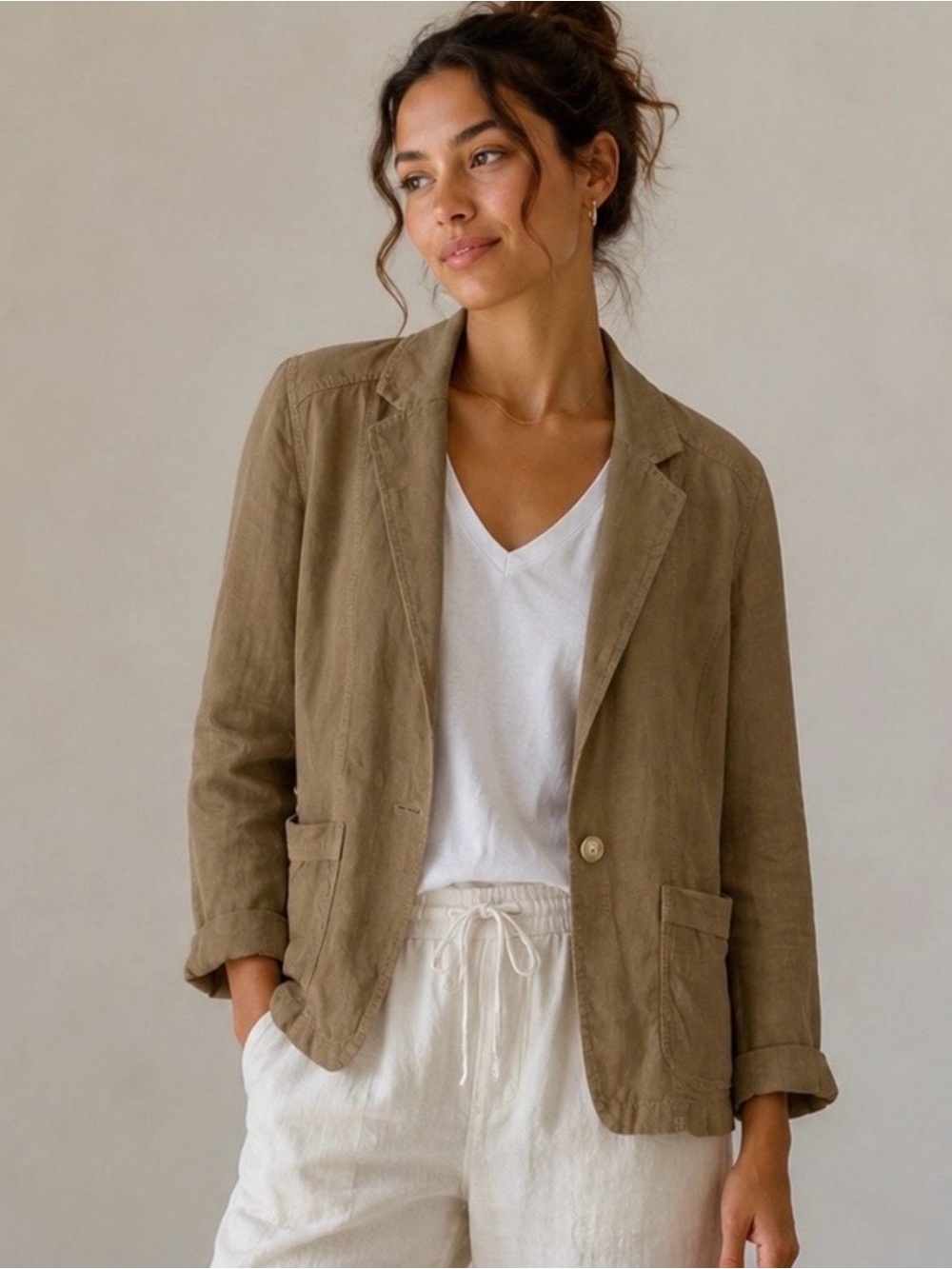 Caslon 100% Linen Blazer Jacket Taupe Tan Lightweight Casual Size M